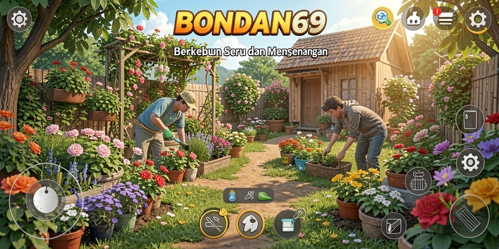 Tampilan gameplay BONDAN69 dengan kebun yang subur dan berwarna-warni.