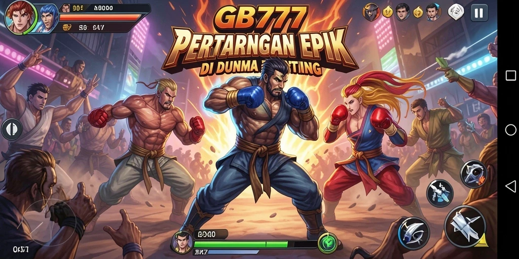 Screenshot utama GB777 menampilkan aksi pertarungan seru dan karakter dinamis.