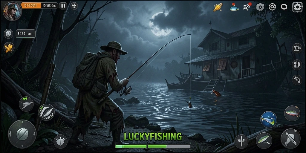 Tangkapan layar LUCKYFISHING menampilkan suasana mencekam saat memancing.
