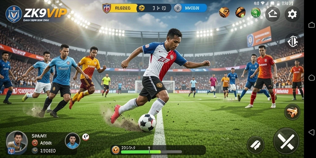 Tampilan gameplay dinamis dari ZK9VIP yang menampilkan aksi sepak bola.